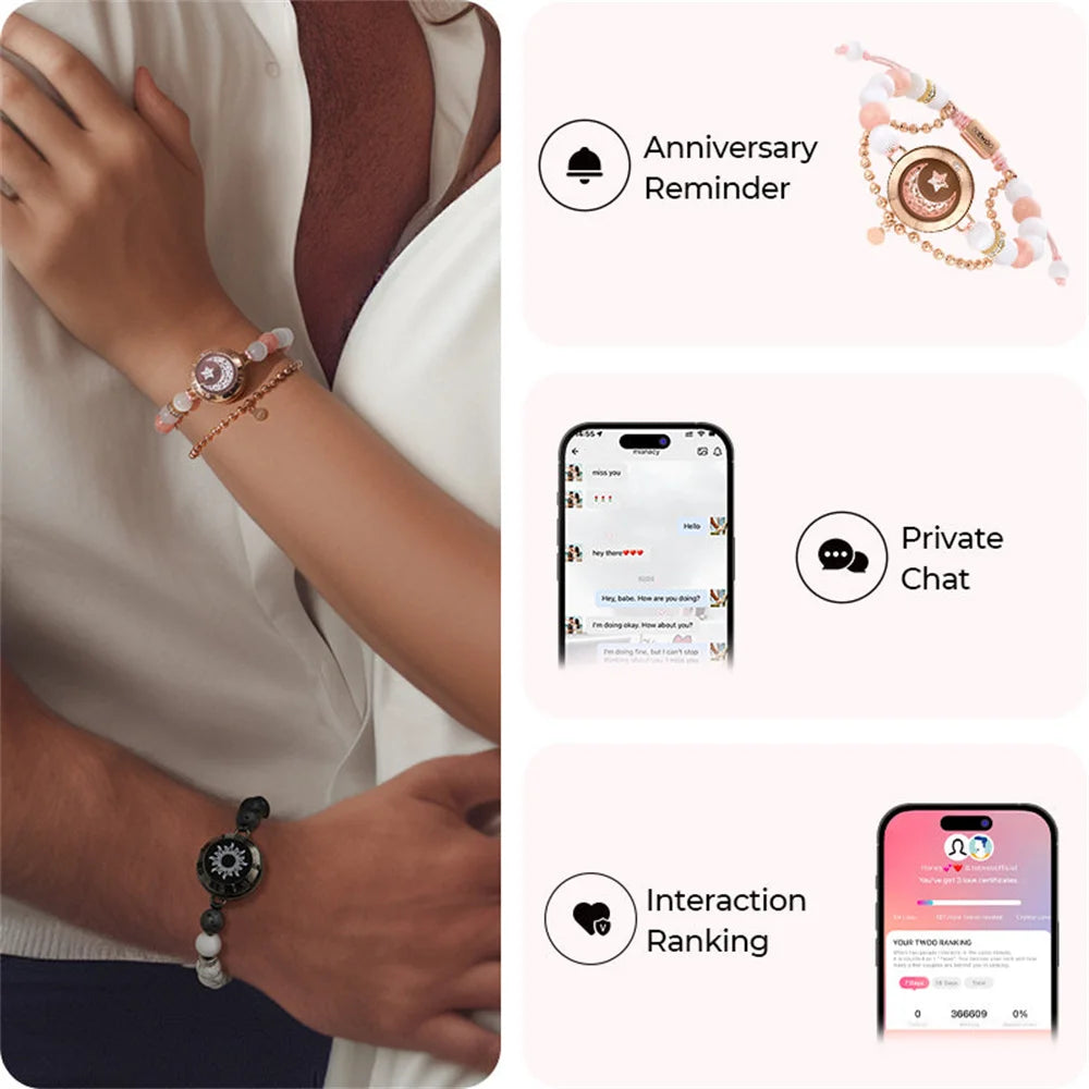 TOTWOO Long Distance Bracelets For Couples Vibration & Light Up Bracelet,Sun & Moon Touch Bracelets with Phantasmal Beads Gift